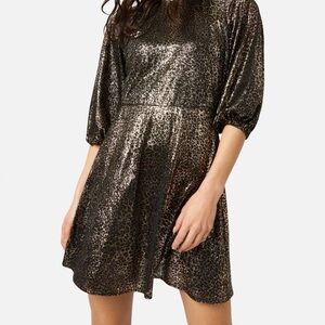 Traffic People Metallic Black and Gold Leopard-Print Mini Dress